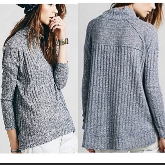 Free People Blue Heather Mock Neck Hi Low Sweater - Picture 9 of 9